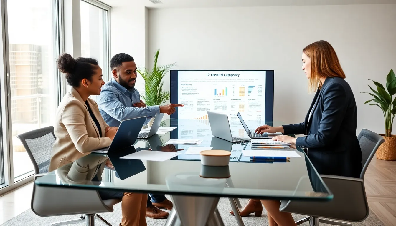 diverse team collaborating on budgeting in a modern office.