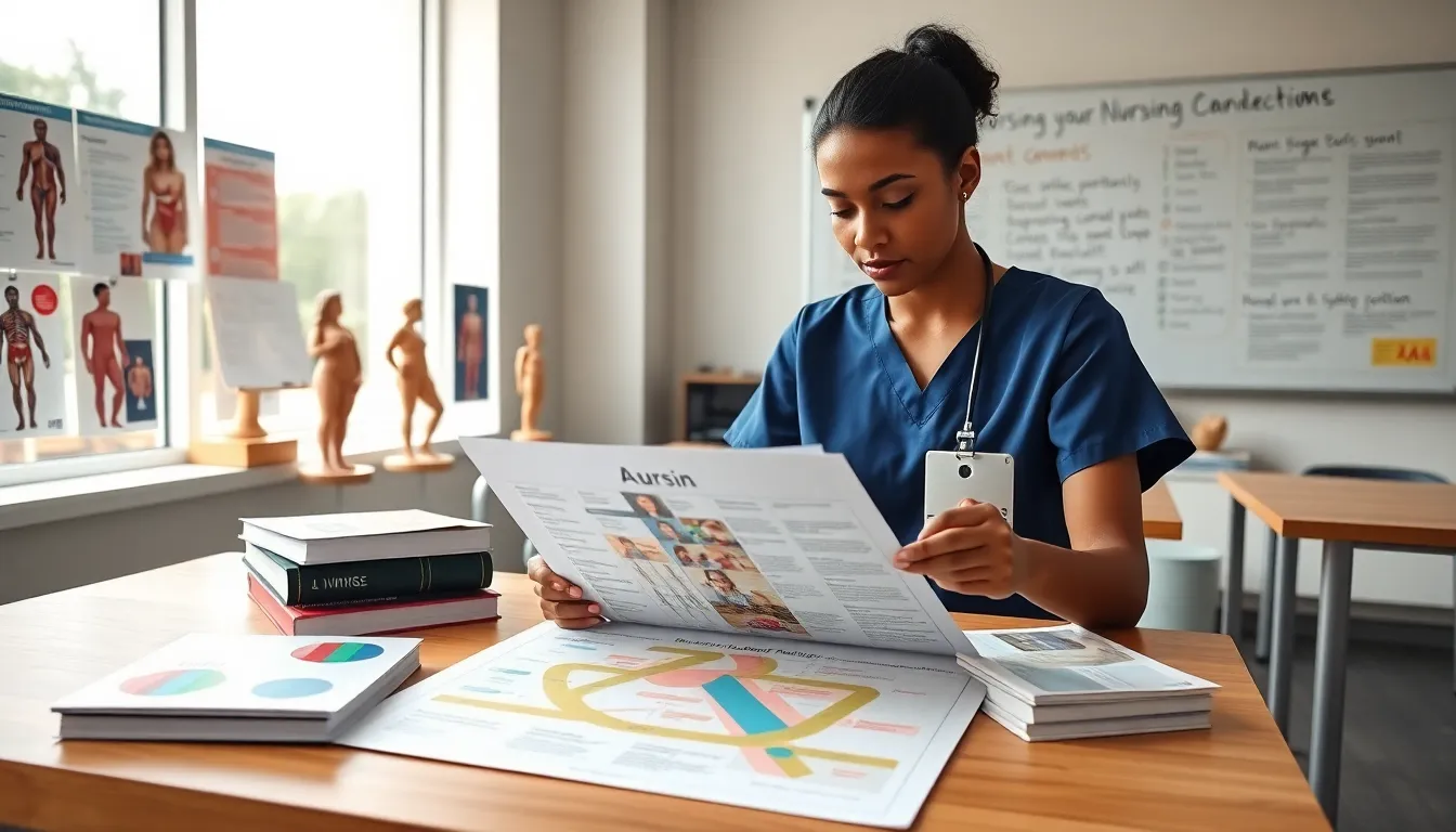 nursing student studying a curriculum in a modern classroom.
