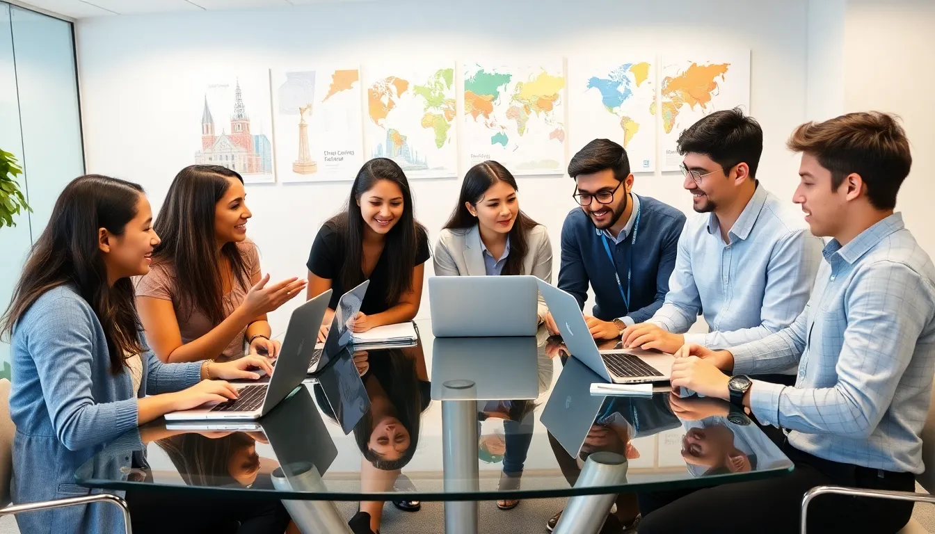 diverse students discussing study abroad options in a modern setting.
