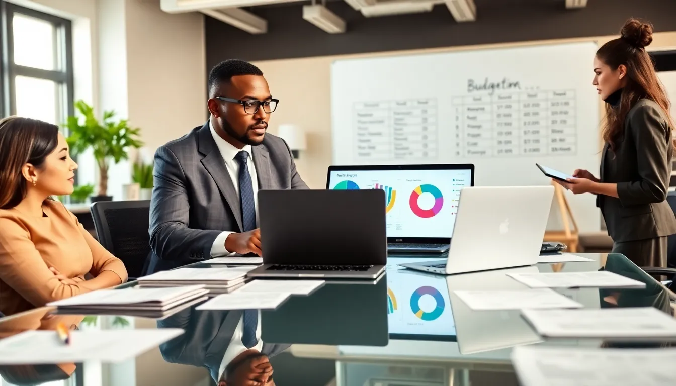 diverse team discussing essential budgeting categories around a conference table.