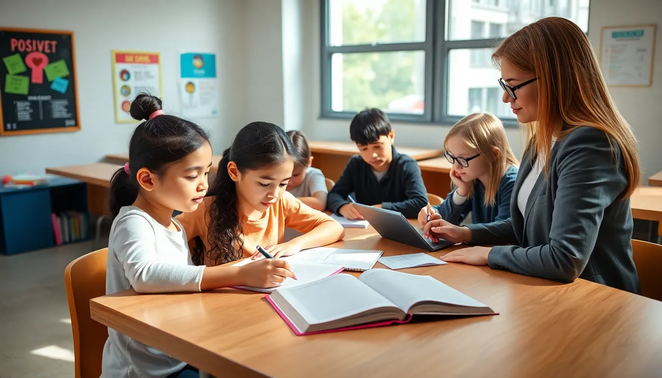 students in a modern classroom focusing on homework with a teacher's guidance.